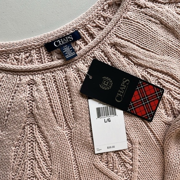 NWT Chaps Pointelle Yoke Sweater Leaf Stitch Blush Pink with Gold Threds L - Picture 8 of 13